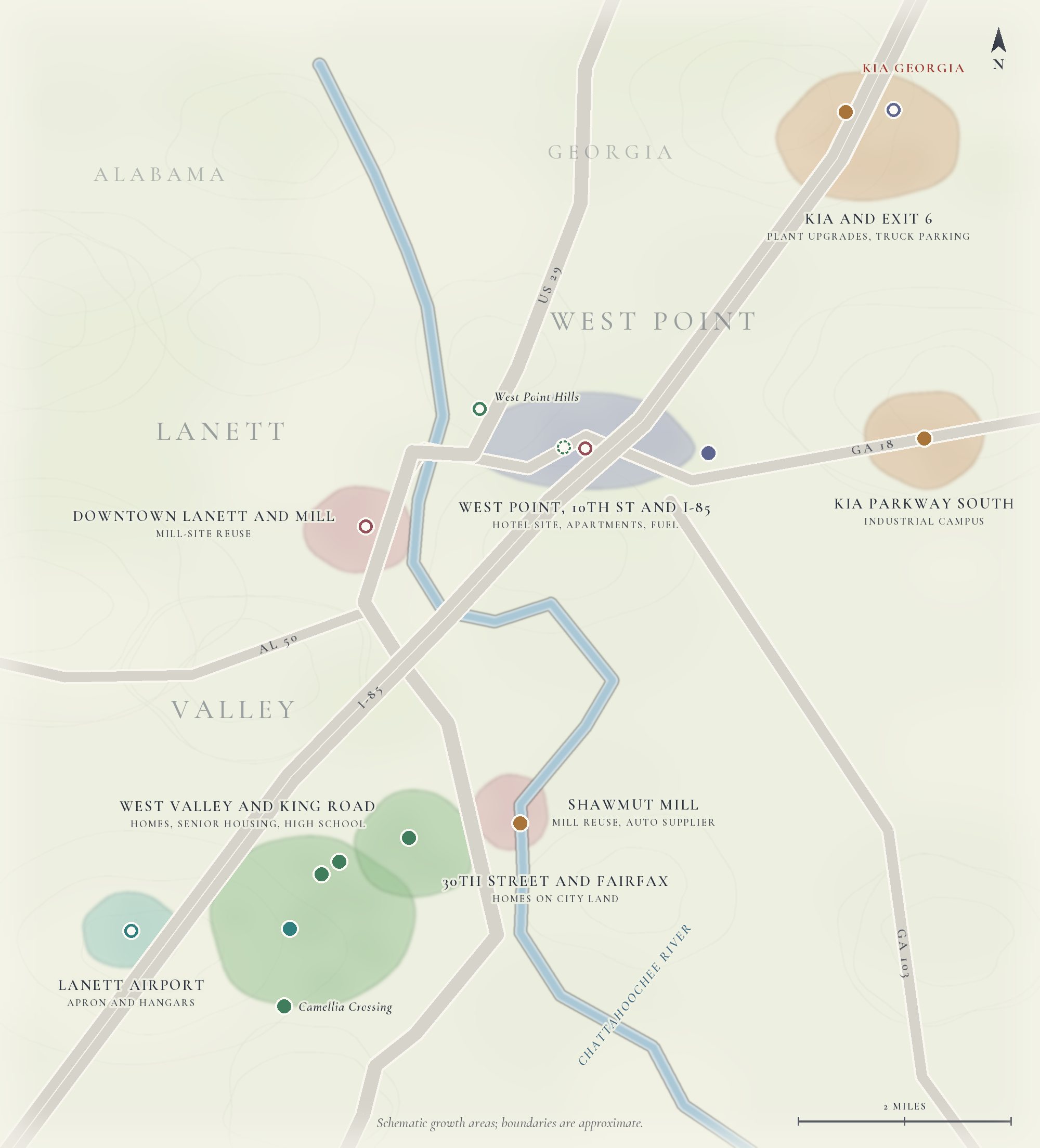 Schematic map of Greater Valley, Alabama and Georgia: main roads, growth areas shaded by what they are mostly adding, and the tracked projects as dots colored by type.