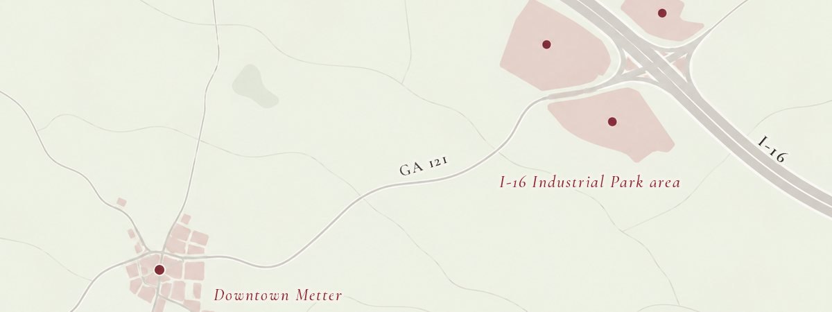 Illustration: A small town grid and, apart from it, industrial sites at an interstate exit.