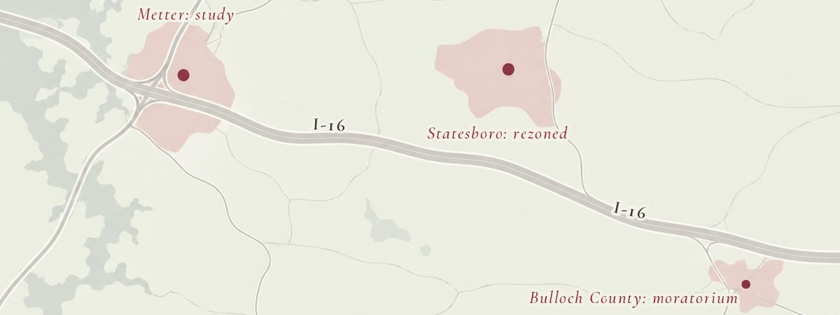 Illustration: Three development sites spread along an interstate corridor.